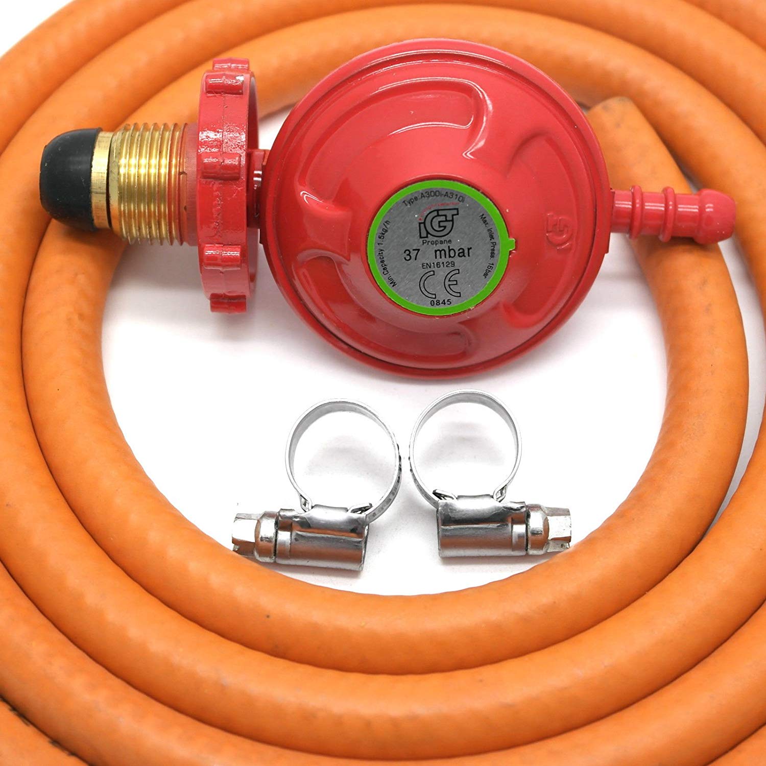 37mb Propane Gas Regulator With Pressure Gauge & 2 M Hose Kit With 2 Clips 37mbar POL